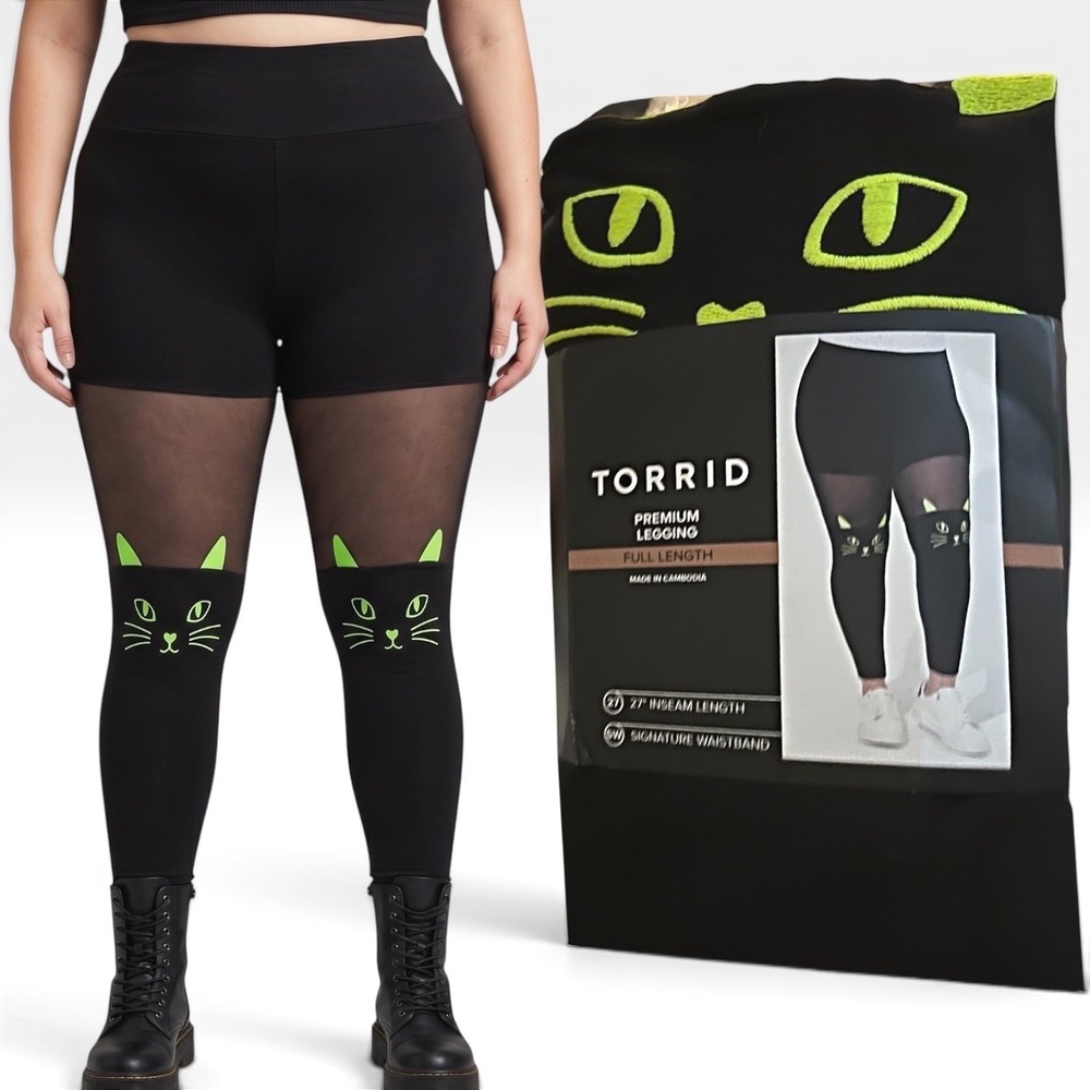 TORRID Cat Leggings Black Mesh w/Neon Green Cat Design NWT Size 3X